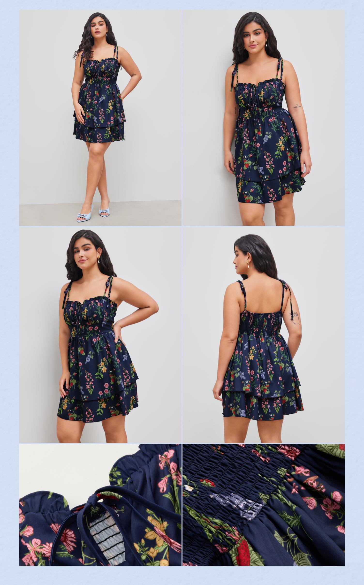 Cider Women's Lightweight Floral A-Line Dress with Adjustable Bust Tie-Front, Puff & Off-Shoulder Sleeves, Stretchy Back Design, Spring Summer Dresses for Women, Plus & Standard Sizes