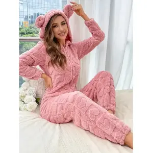 Women's Fuzzy Onesie Pajamas Set, Long Sleeve Hooded Zipper Design, Cute Heart Pattern, Thick Fabric, Fall & Winter Home Wear(gift)Gift