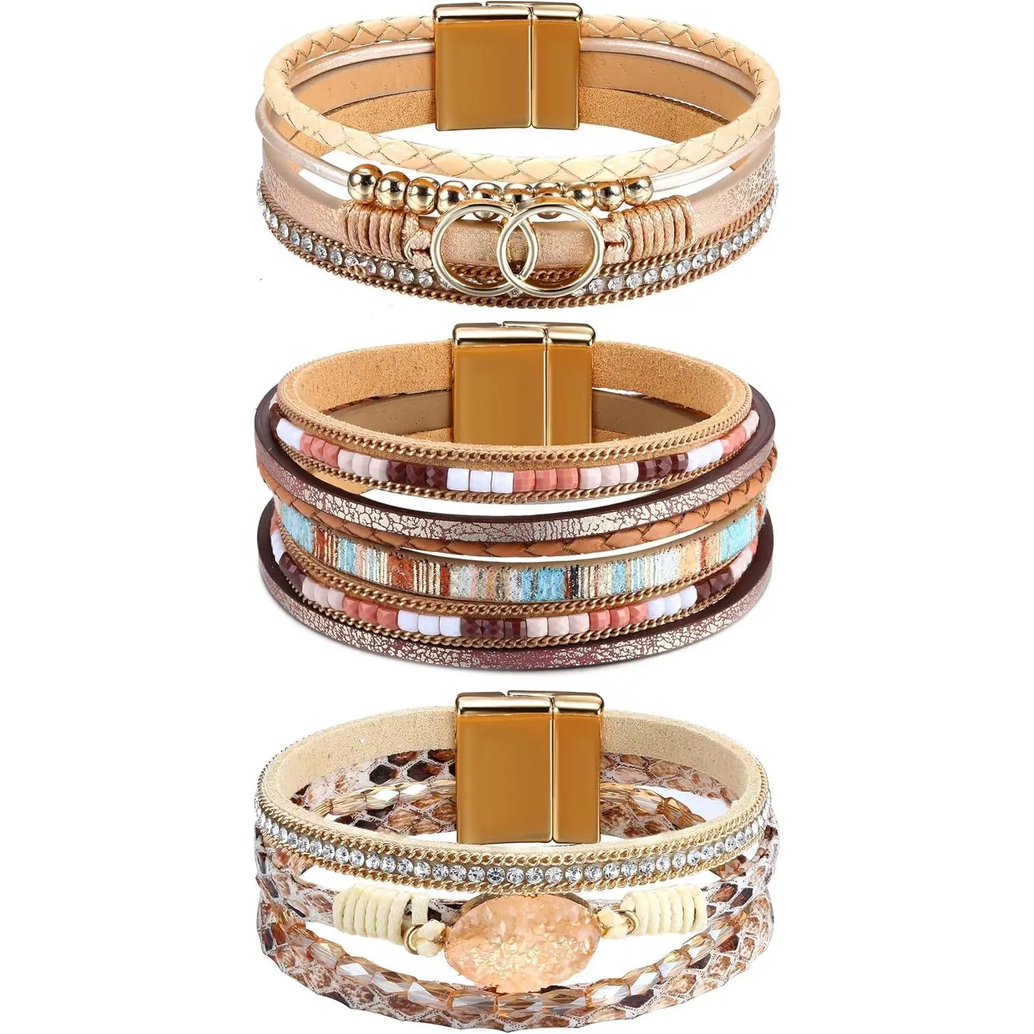 Sanfenly Wrap Bangles for Women, 3-Piece Boho Beaded Upgraded Leather Cuff Stack with Goldbangle, Secure Clasp for Daily Wear, Trendy Stack Bangle, Bracelet Stacks