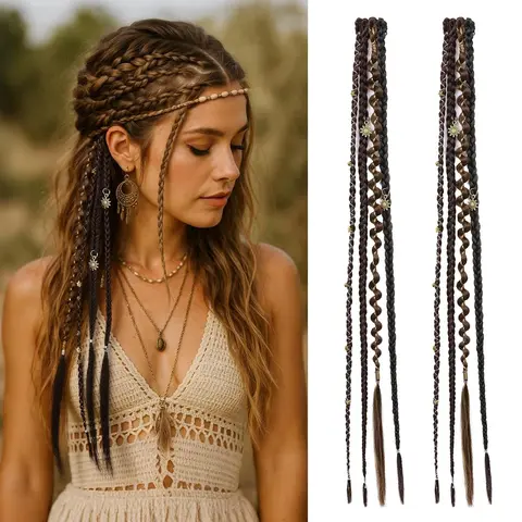 NAYASA Women's 2PCS Clip Hair Extensions - 20in Synthetic Curly Wavy Boho Dreadlock & Fishtail Braiding Hair with Beads & Charms, for Cosplay & Daily Styling Fashion Accessories