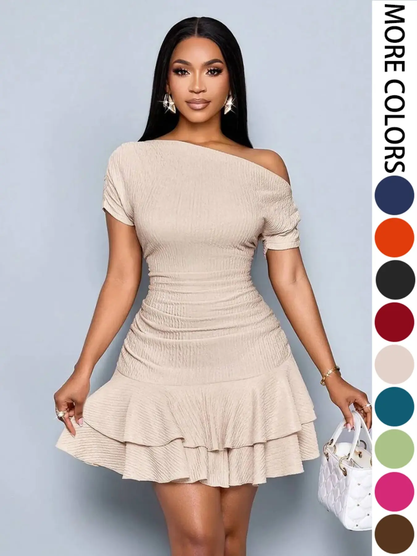 Elegant Feminine Chic Summer 2026 Dress, Solid Color Asymmetrical Neckline Dress, Slim-Fit, Ruffled Hem