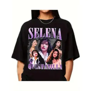 🎤[Graphic Tee]Selena Graphic Print T-Shirt – Women’s Casual Short Sleeve Top, Black with Purple Lettering & Vintage Photos, Spring/Summer Fashion Essential, Selena Quintanilla Tribute Tee, Iconic Latin Music Shirt, Selena T-Shirt Gift for Women