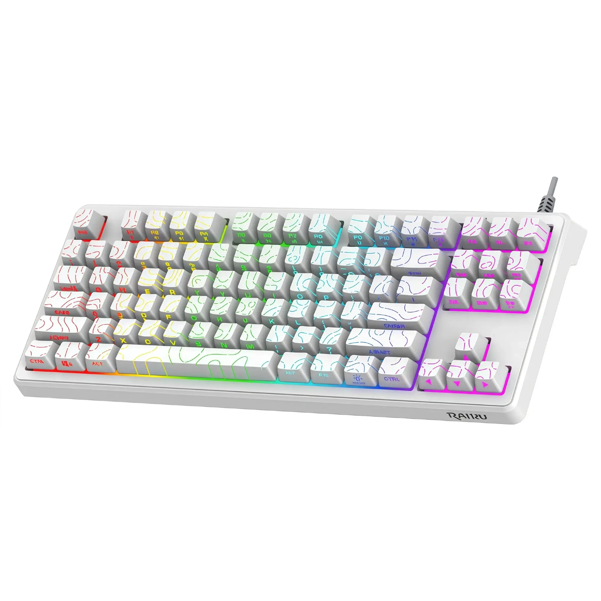 DG87 87-Key Wired Gaming Keyboard, Side-Printed Keycaps, Rainbow RGB Backlit TKL Keyboard with Topographic Contour Design, Low Latency, Gaming Setup, PC/Laptop, Back to School, White + Black
