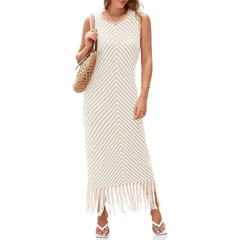 Wenrine Women's 2025 Fall Elegant H-Type Boho Cotton Maxi Dress - Breezy Knitted Crochet, Crew Neck, Sleeveless, Striped Fringe, Acrylic Blend, All Seasons, Machine Washable Casual Boho Clothes for Women