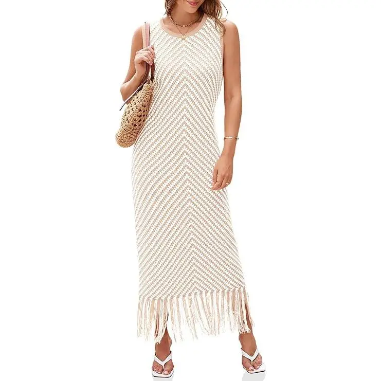 Wenrine Women's 2025 Fall Elegant H-Type Boho Cotton Maxi Dress - Breezy Knitted Crochet, Crew Neck, Sleeveless, Striped Fringe, Acrylic Blend, All Seasons, Machine Washable Casual Boho Clothes for Women