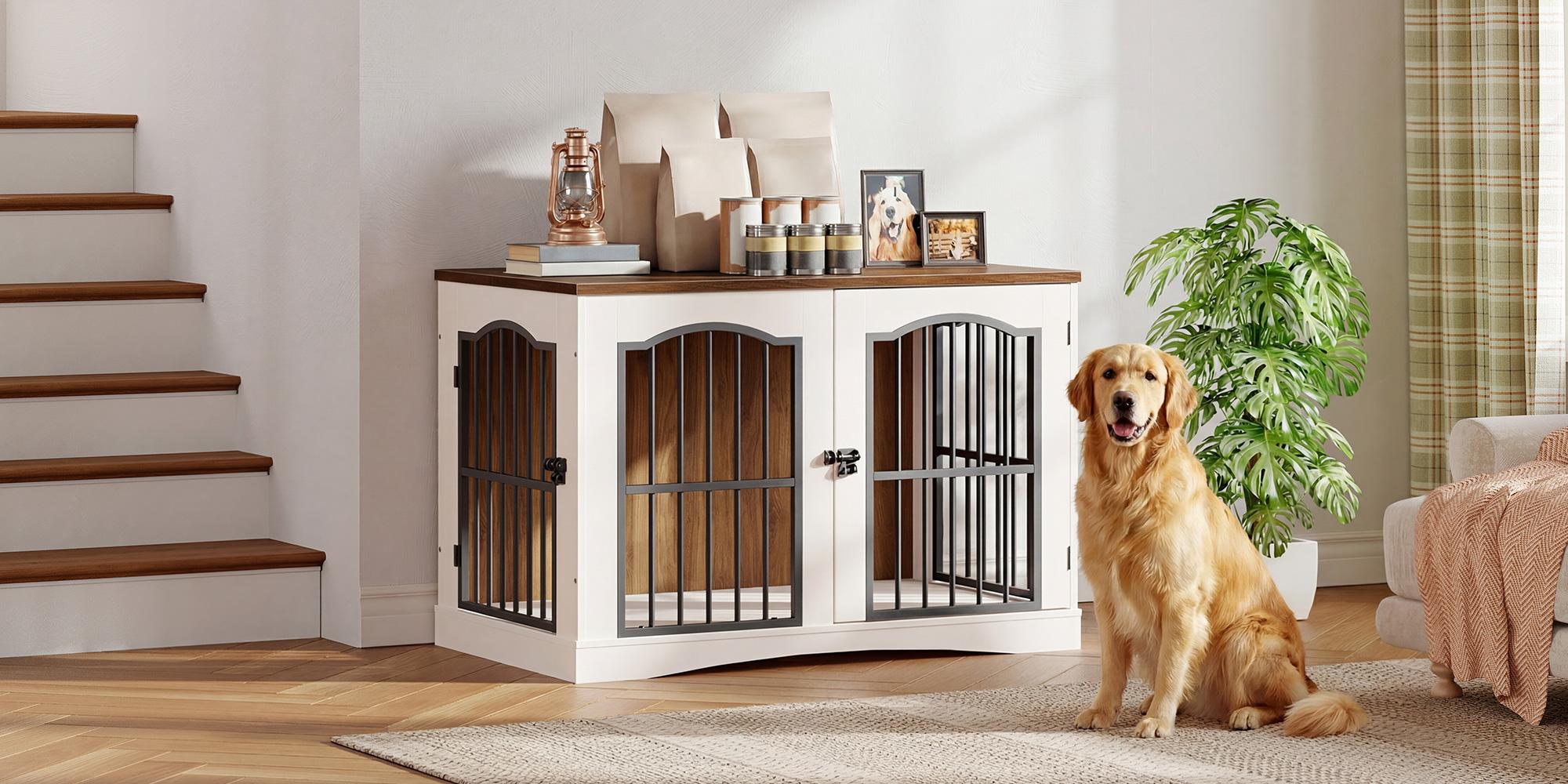 HOOBRO 39.4" Dog Crate Furniture, Heavy Duty Dog Kennel Indoor with 3 Doors, Dog Cage for Medium/Large Dogs, Decorative Pet House Side End Table TV Stand, White and Walnut
