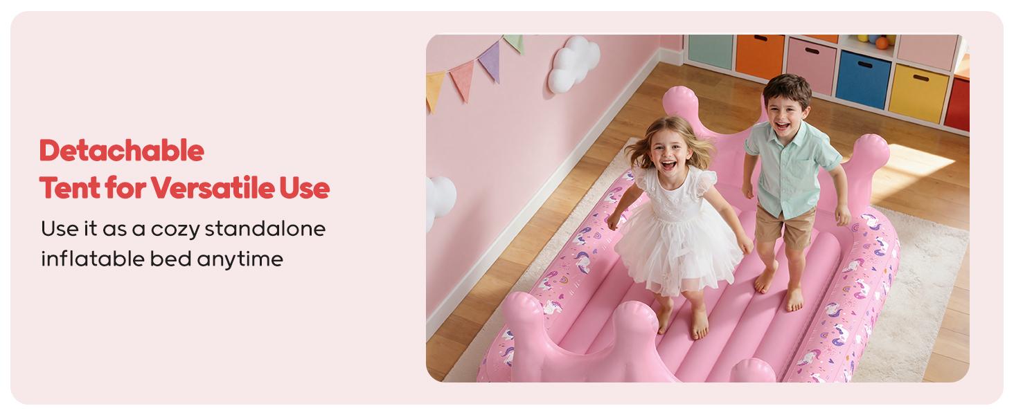 QPAU Princess Inflatable Toddler Bed with Tent, Blow Up Toddler Travel Bed with Sides, Portable Kids Air Mattress for Girls, Ideal for Home, Grandma’s, Camping & Sleepovers – Includes Electric Pump