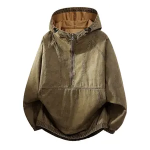 Men’s pure cotton washed open-front half-zip cardigan for spring and autumn, featuring a retro elastic hem and vintage distressed water wash finish; hooded men’s jacket with a relaxed fit that’s trendy and versatile, made from soft, comfortable, breathabl