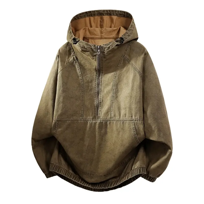 Men's Pure Cotton Washed Open-Front Half-Zip Hooded Cardigan Clothes, Plain Casual Spring-Autumn Zip Up Hoodie, Retro Elastic Hem, Vintage Distressed Wash, Relaxed Fit, Soft Breathable Fabric (Hoodie/Jumper), Menswear, Fitted, Cardigan Hoodie