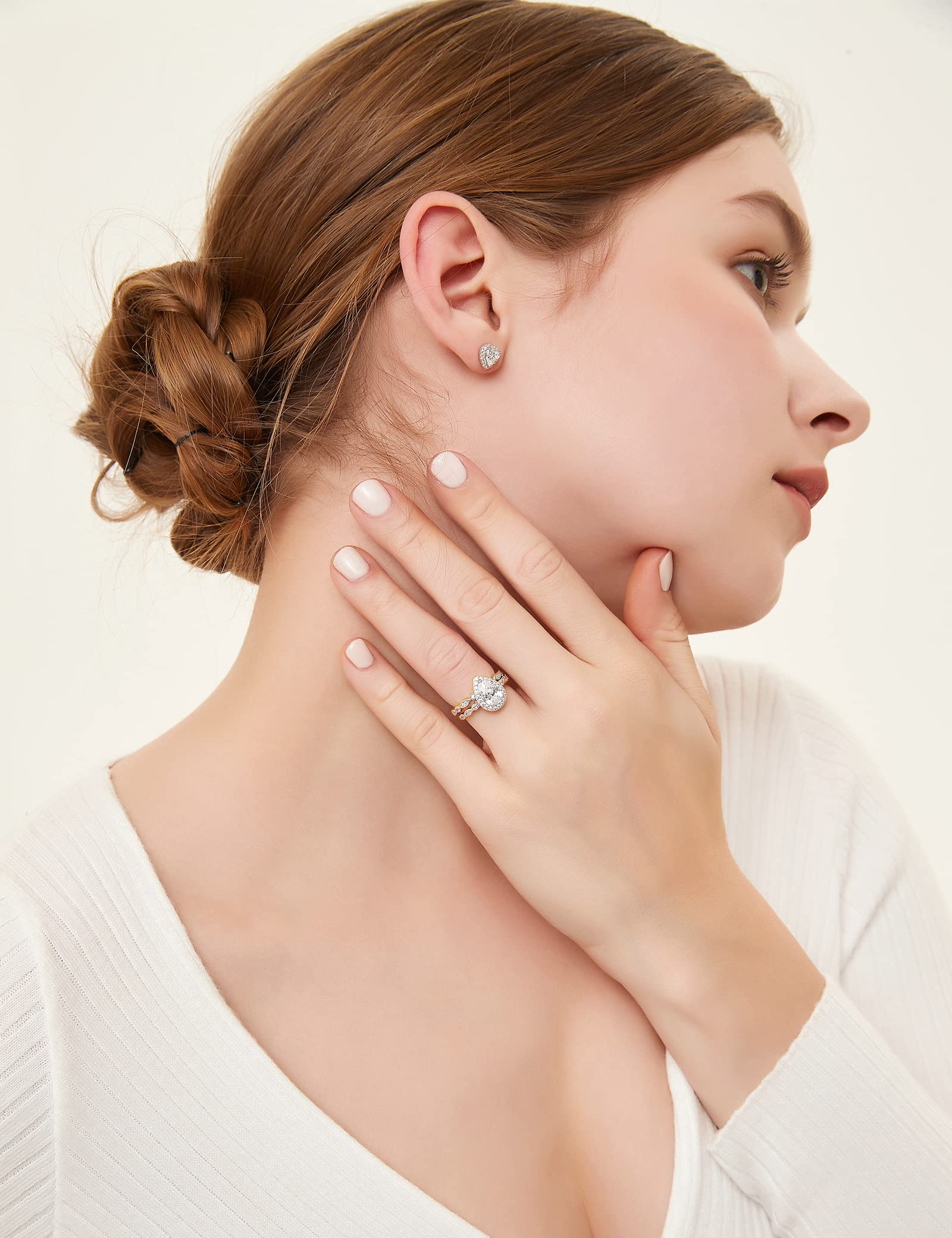 EAMTI 1.5CT 925 Sterling Silver Bridal Ring Sets Teardrop Cubic Zirconia Wedding Bands for Women