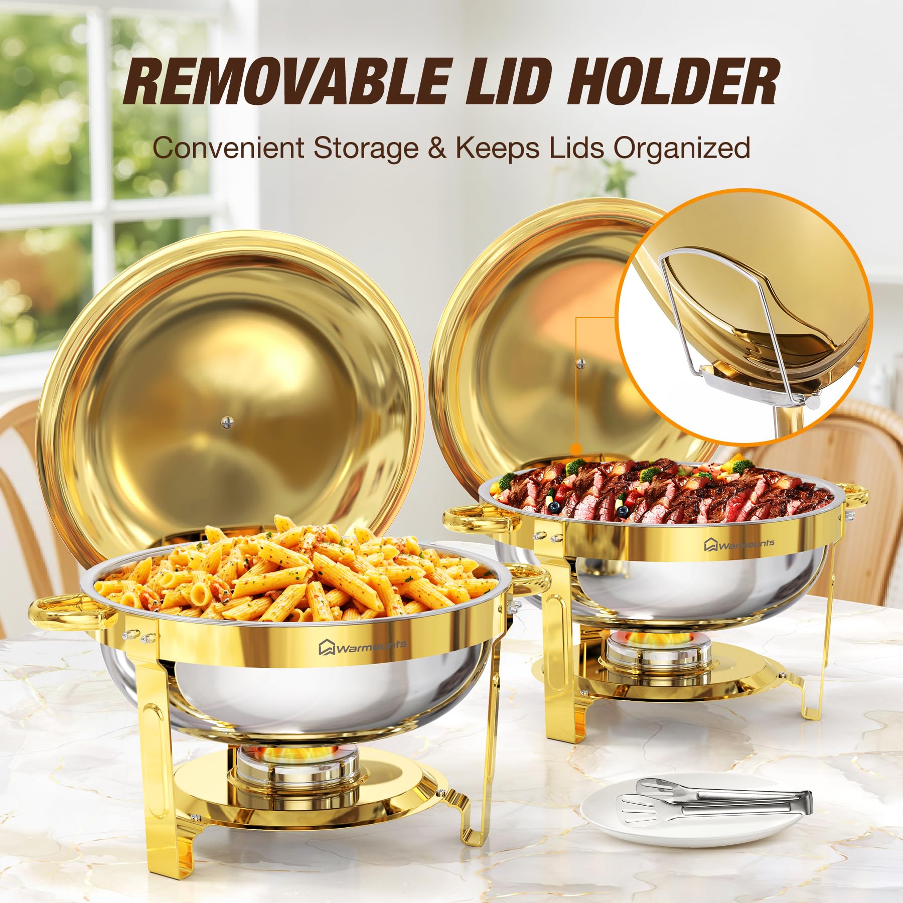 WARMOUNTS Gold Chafing Dishes for Buffet 5QT, Round Stainless Steel Chafer and Warmer Set with Lid Holder, Mirror-polished, Rolled Rim Process (No Finger Cuts), for Catering, Party, Wedding(2/4/6 Pack) WARMOUNTS Gold Chafing Dishes for Buffet 5QT, Round Stainless Steel Chafer and Warmer Set with Lid Holder, Mirror-polished, Rolled Rim Process (No Finger Cuts), for Catering, Party, Wedding(2/4/6 Pack)