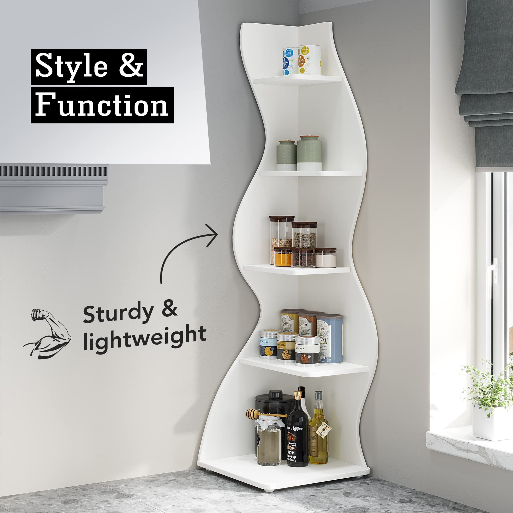 Tribesigns Modern 5-Tier Wall Corner Bookshelf, White, Stylish Corner Storage Rack for Living Room, Home Office, Bedroom & Entryway Decor Shelves