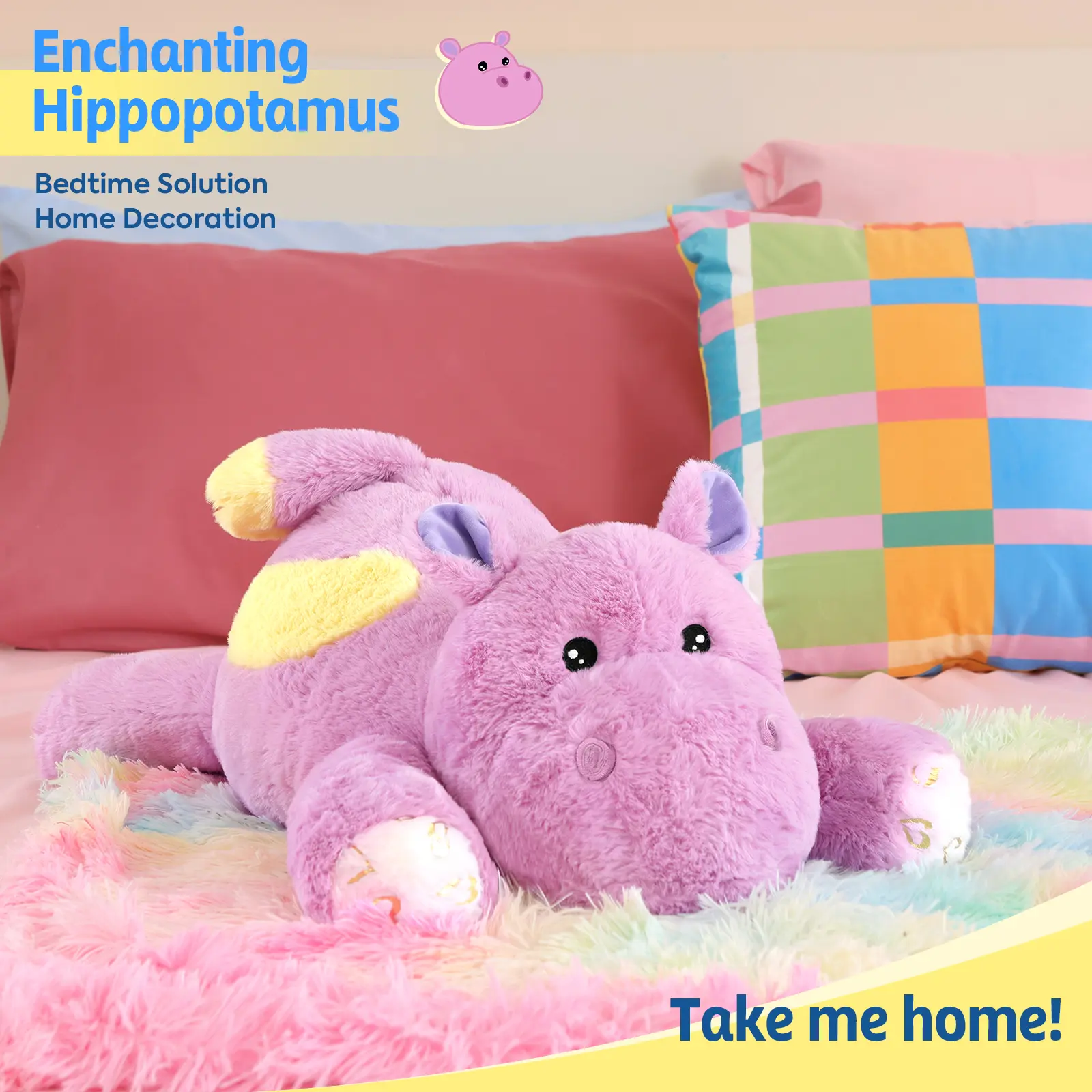 PEACHCAT Enchanting Weighted Stuffed Hippopotamus - 23.6 in, 5 lbs, Gold-Foiled Heart Patterns, Bright Yellow Wings, Soft Fabric, Machine Washable & Hand Washable, Kids' Reading & Sleeping Companion, Gift for Kids, Decor Item, Bedtime Solution