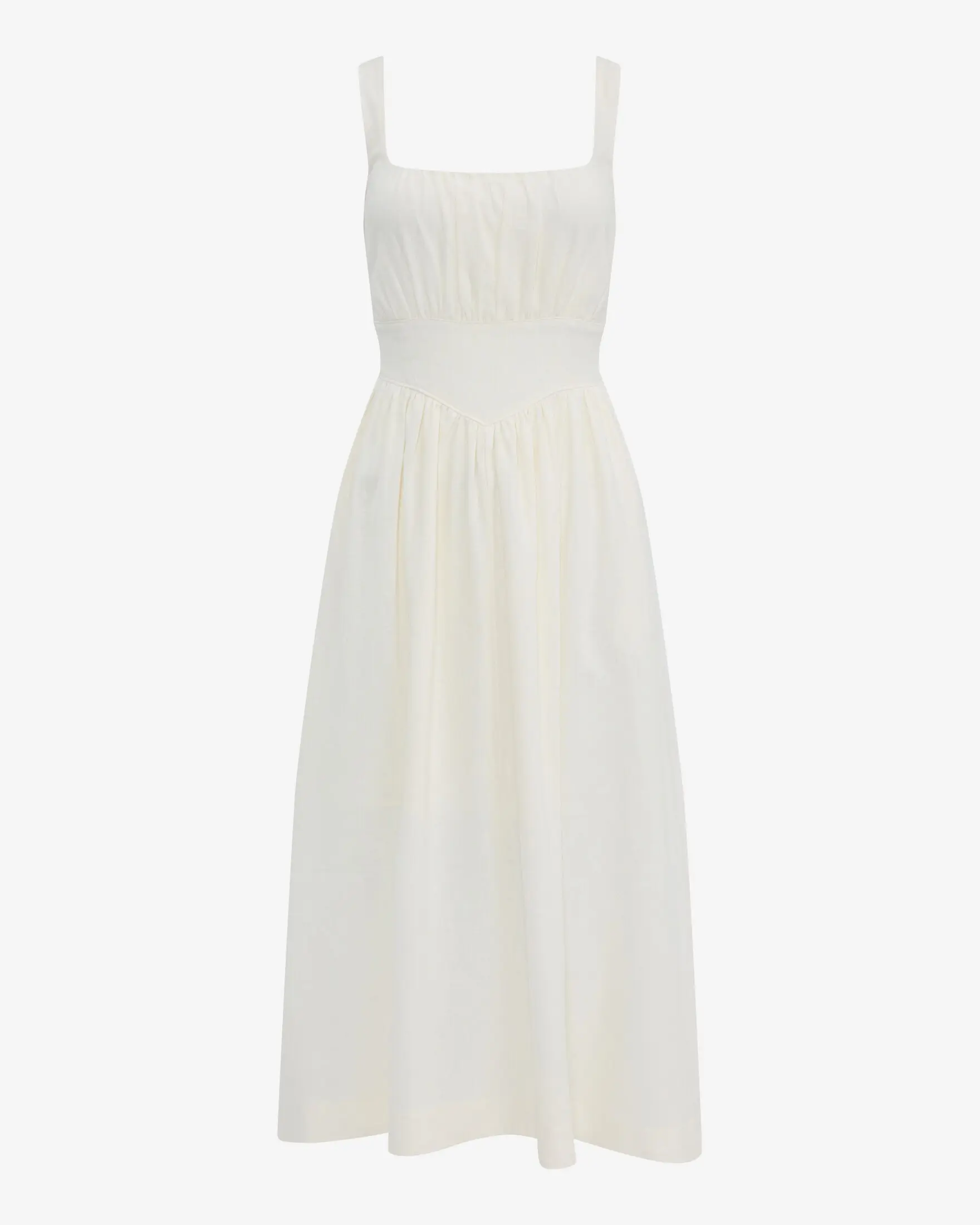 Express Summer-Blend Linen Basque Waist Smocked Back Midi Dress with  Pockets - TikTok Shop