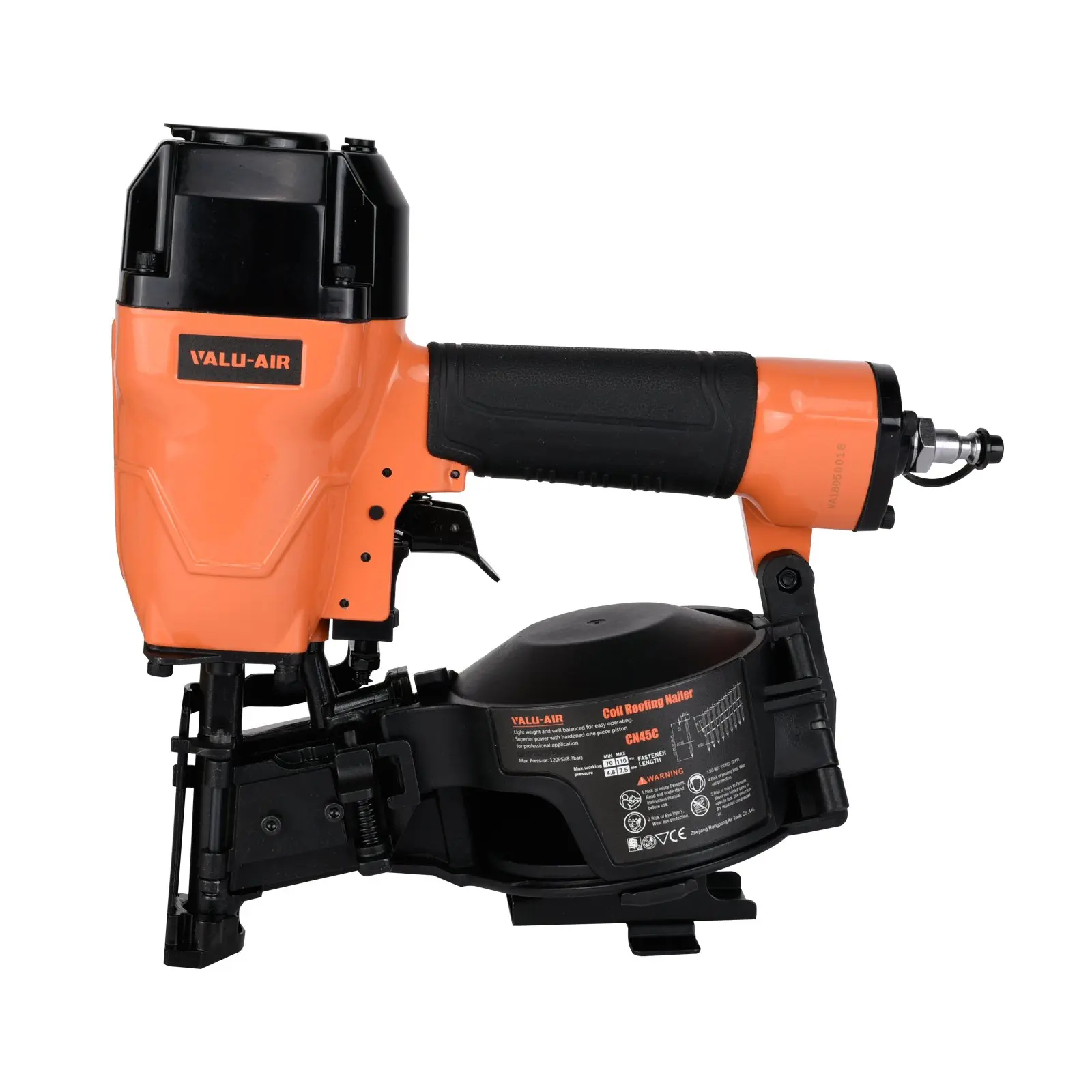 Valu-Air Heavy Duty Roofing Nailer Hardware Tool, 15° Nail Fit, 3/4-in to 1-3/4-in Nail Capacity, Heat-Treated Aluminum Body, Durable Construction, Magazine, Rubber Grip Power Tool, Side Load