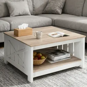 Square Coffee Table with Half Open Storage, Farmhouse Cocktail Table