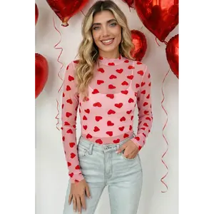 Heart Printed Mock Neck Sheer Mesh Long Sleeve Top
