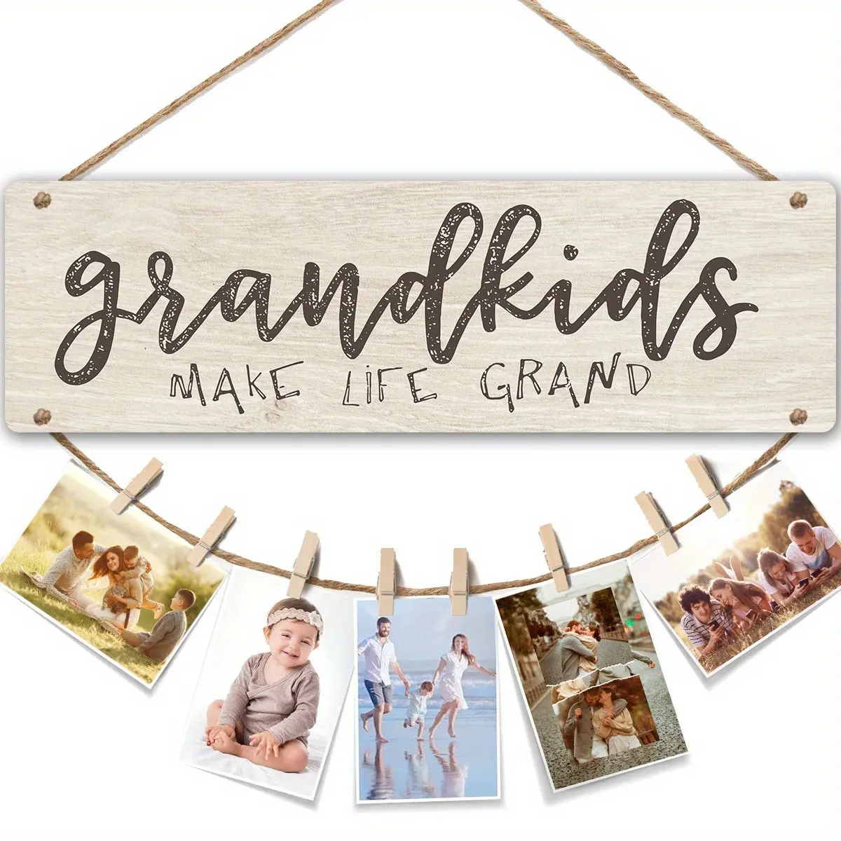 Traditional Wooden Grandkids Photo Holder Sign with Twine - Wall Hanging Plaque for Grandparents, Interior Wall Decor, Home Wall Decoration, Home Decor Items, Family Picture Frame Hanger, Ideal Gift for Christmas, Mother's Day Gift for Grandmother