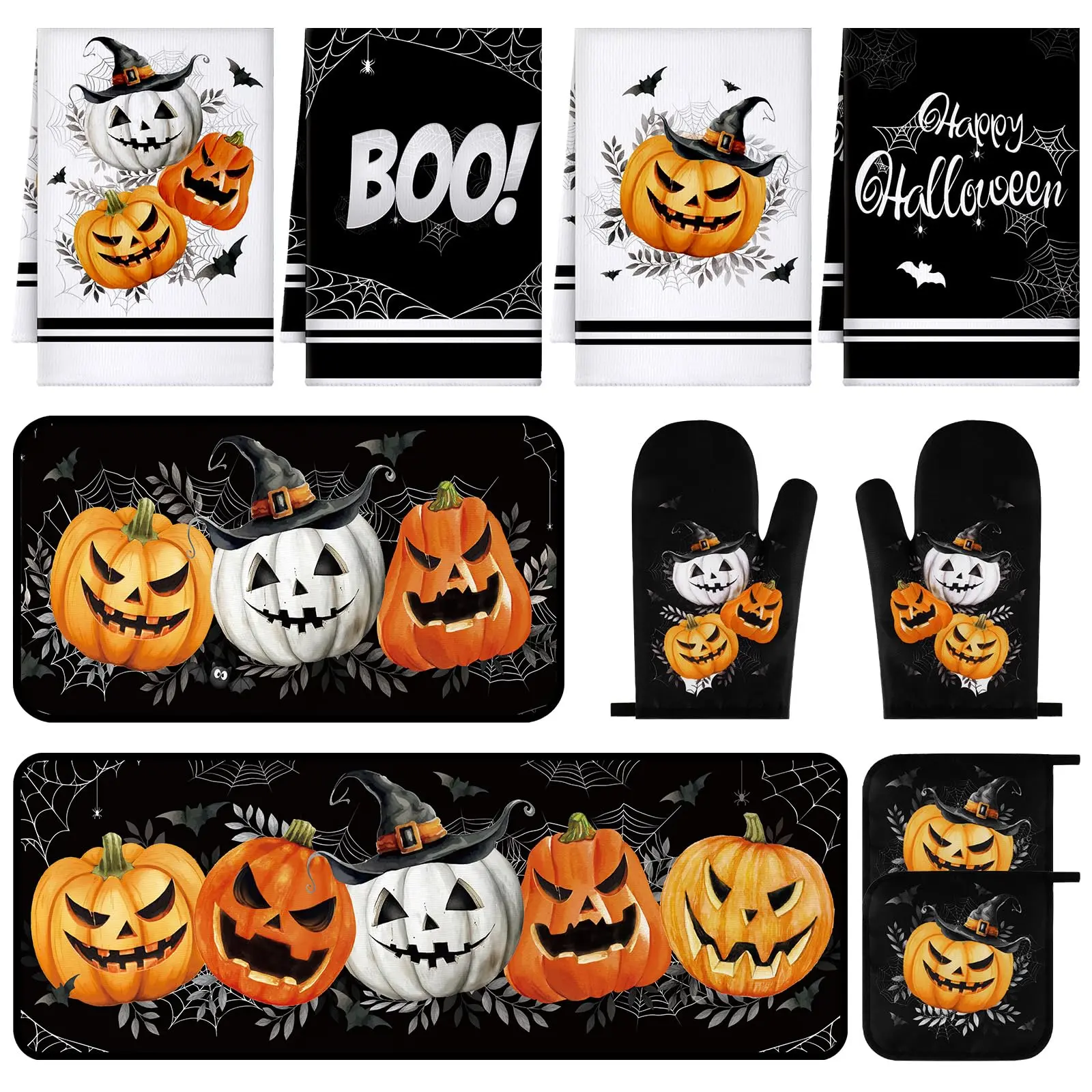 10/12 Pcs Vintage Halloween Kitchen Decor Sets Retro Theme Oven Mittens Classic Skeleton/Ghost Pumpkin Heat-Ready Gloves, Microfiber Dish Towels, Heat Resistant Witch Pot Holders, Cooking Bakeware Accessories for Fall Gifts, Cooking Accessories