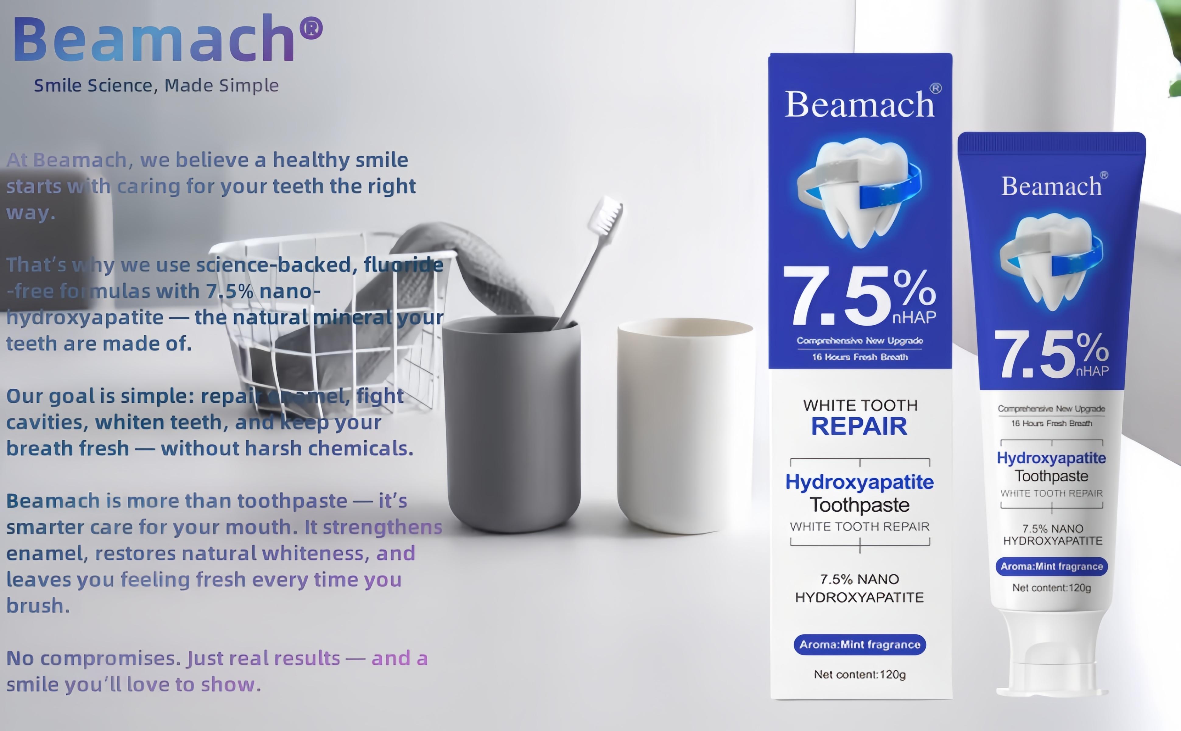 Beamach Hydroxyapatite Toothpaste 7.5% - Enamel Repair & Natural Whitening, Mint Flavor, Fluoride-Free, Gentle for Sensitive Teeth, 4.23oz Oral Hygiene Essentials