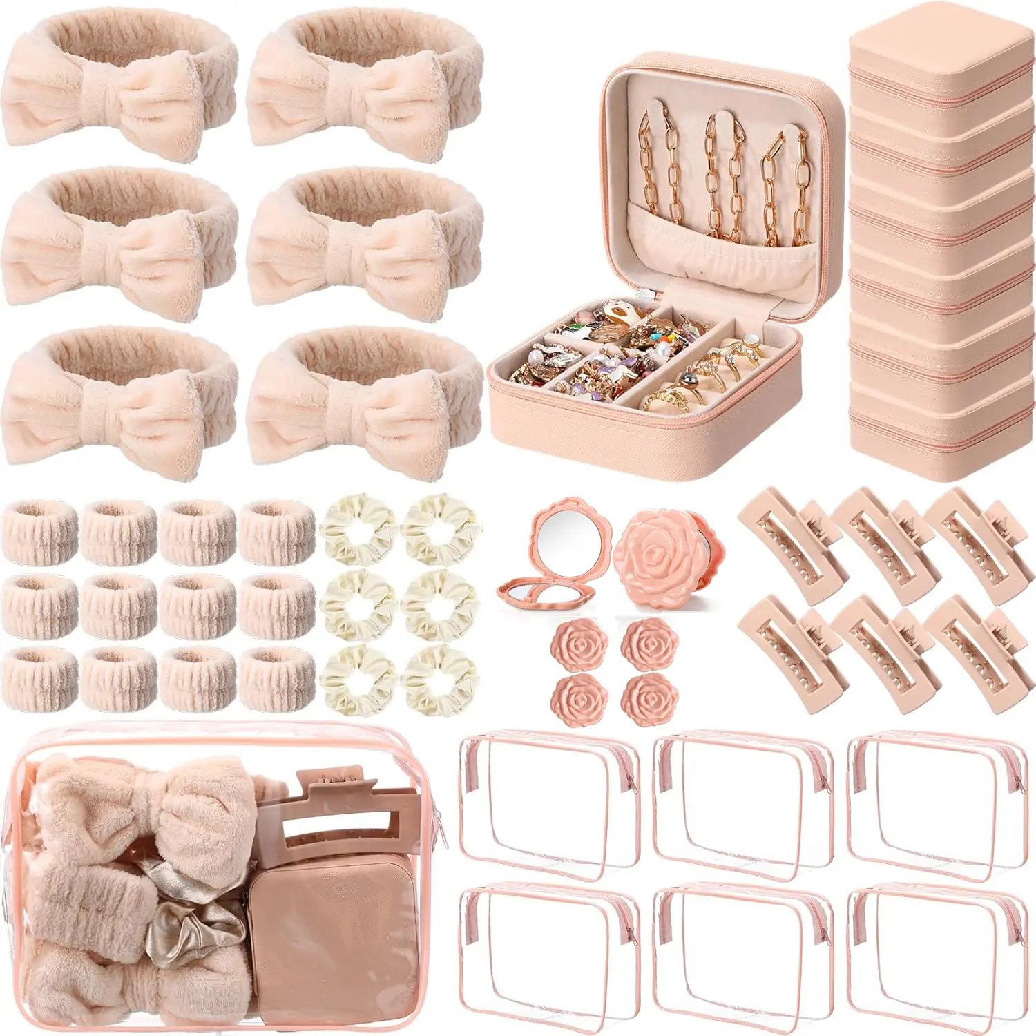 6-Piece Pink Set Spa Party Favors for Women - Cute Girly Gifts with Headbands, Wristbands, Scrunchies, Hair Clips, Jewelry Cases, Makeup Bags, Mirrors for Valentine Events, Celebration Prizes