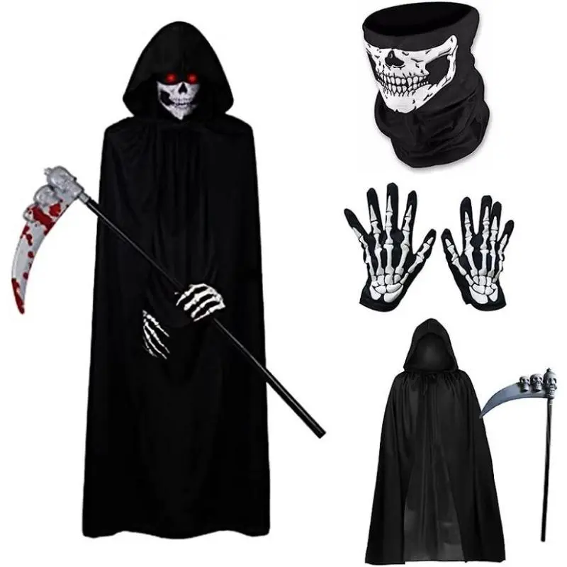 Halloween Grim Reaper Cape Set, 1 Set Including Cape & Gloves & Scepter & Hood, Cosplay Roleplay Costume Accessories for Halloween Party