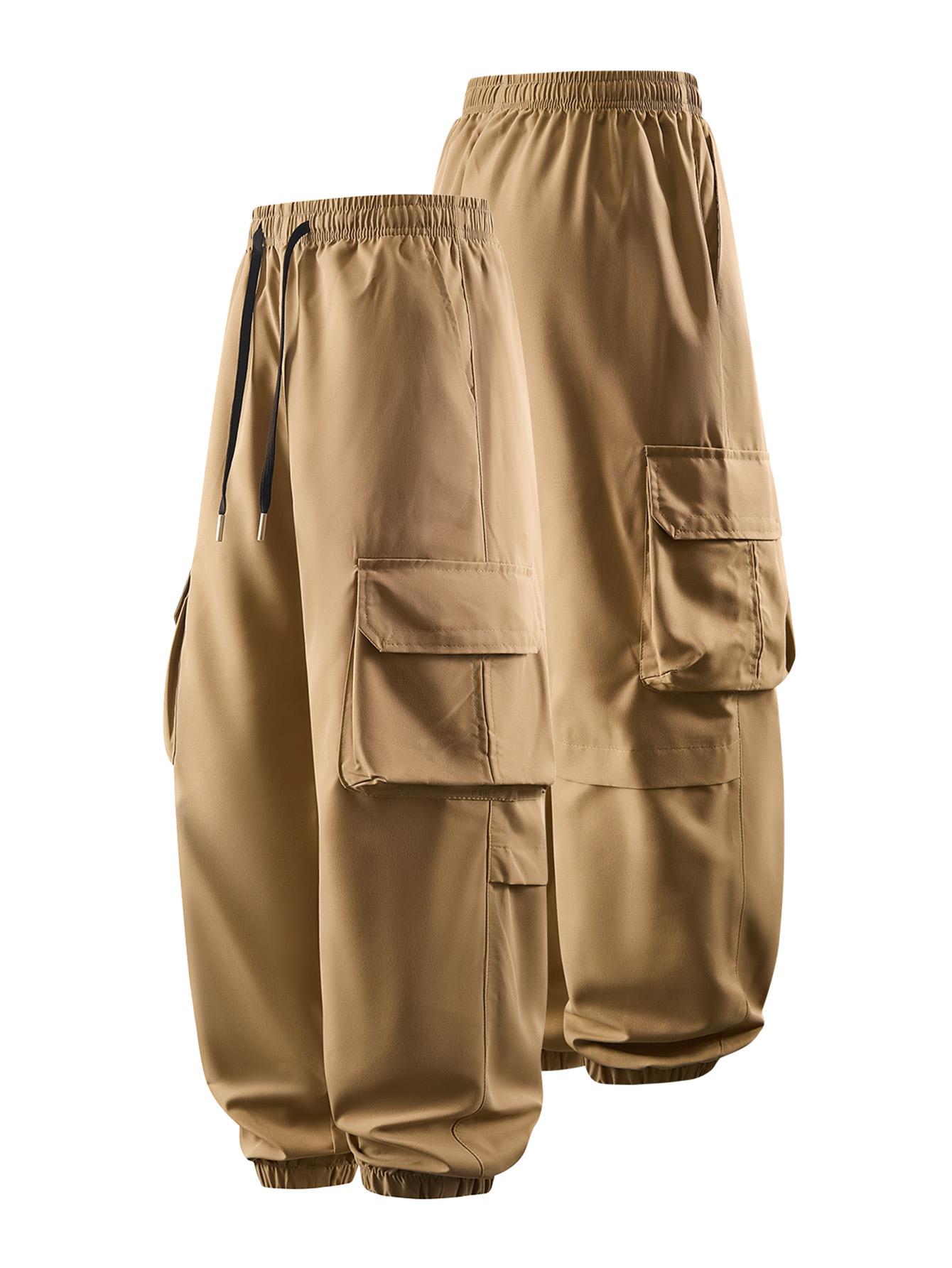 CCCMAI Men's Plain Drawstring Waist Cargo Pants, Casual Pocket Design Trousers for Daily Wear, Streetwear Men's Bottoms for All Seasons Menswear