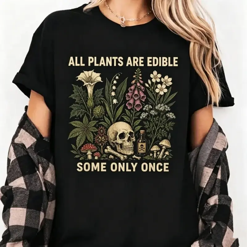 Comfort Colors T-shirts featuring all edible plants, some for single consumption; fun gardening T-shirts; dark-colored plant-patterned T-shirts; gothic plant enthusiast T-shirts.