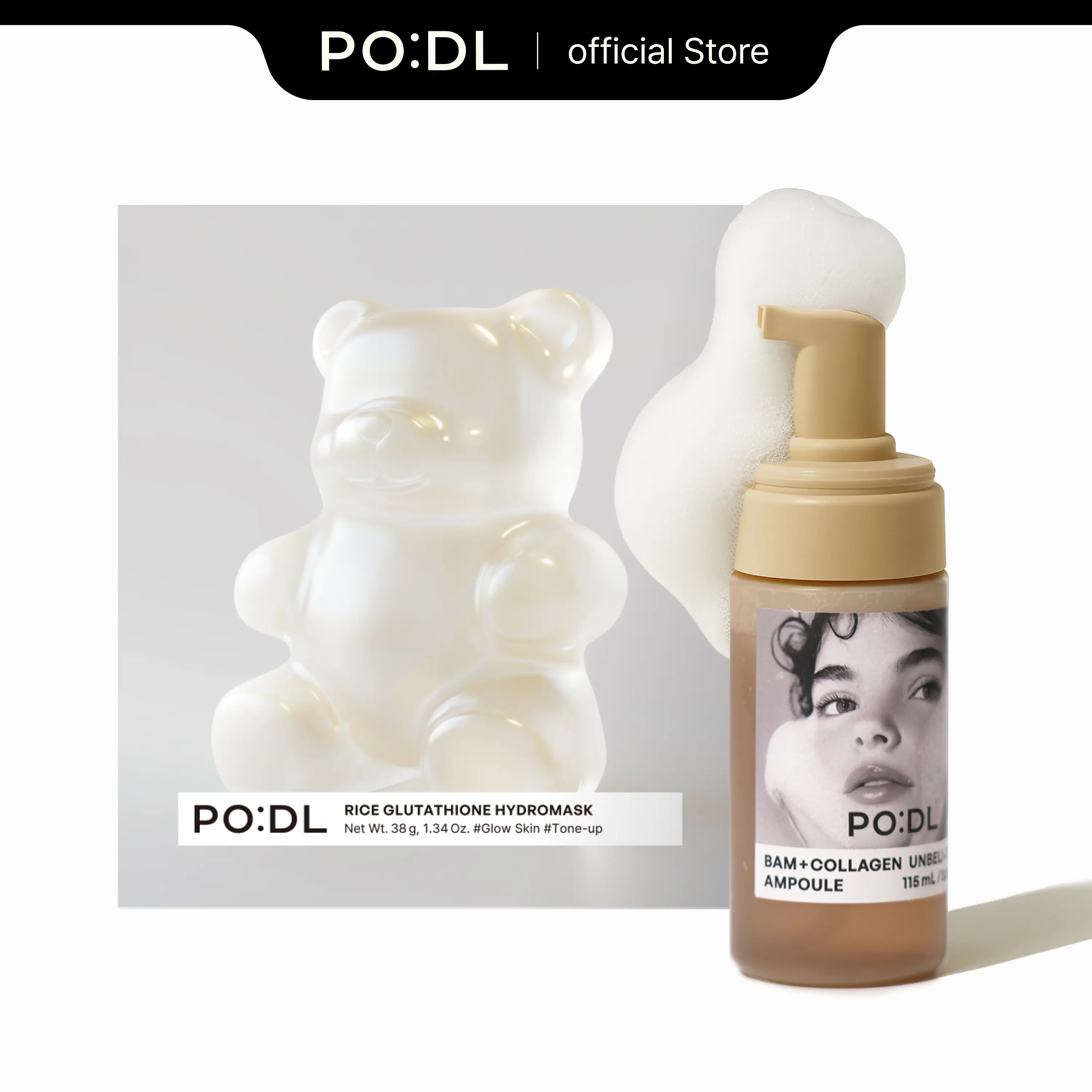 PODL Radiance Brightening Multi-Pack Duo Set - Collagen Bubble Serum & 4 Rice Hydrogel Masks, Gentle Hydrating Moisturizing Skincare for All Skin Types, Korean, Hydrate, Radiant Glow, Ceramides