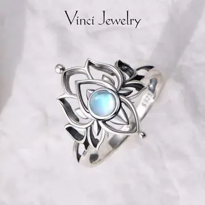 925 Steling Silver Moonstone Lotus Ring, Spiritual Growth and Enlightenment Jewelry, Symbol of the Goddess Heqet, Pagan Symbol, Synthetic Moonstone Lotus Flower Jewelry