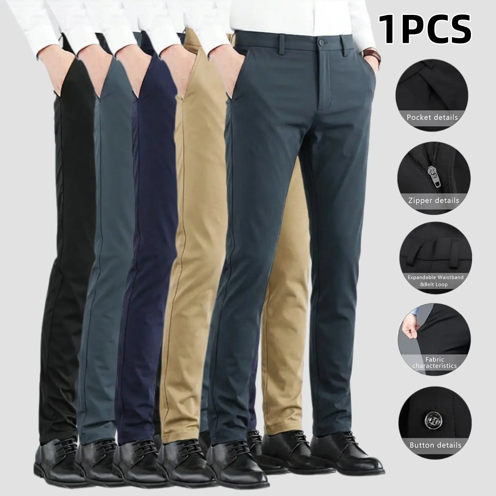 Men's Dark Blue Mid-Waist Straight Fit Wrinkle-Free Stretchy Polyester Trousers - 2026 New Arrival, Full Length, All Seasons, Minimalist Classic Business Wear, Breathable Plain Menswear, Machine Washable, Office Commuter Style, Club, Golf