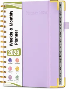 2026 Planner, Hardcover Leather Weekly and Monthly Planner, January 2026 - December 2026, Spiral Yearly Agenda Organizer Book 2026 with Tabs, Daily Calendar Planners for School Work Home, A5 (5.75" x 8.38"), Purple