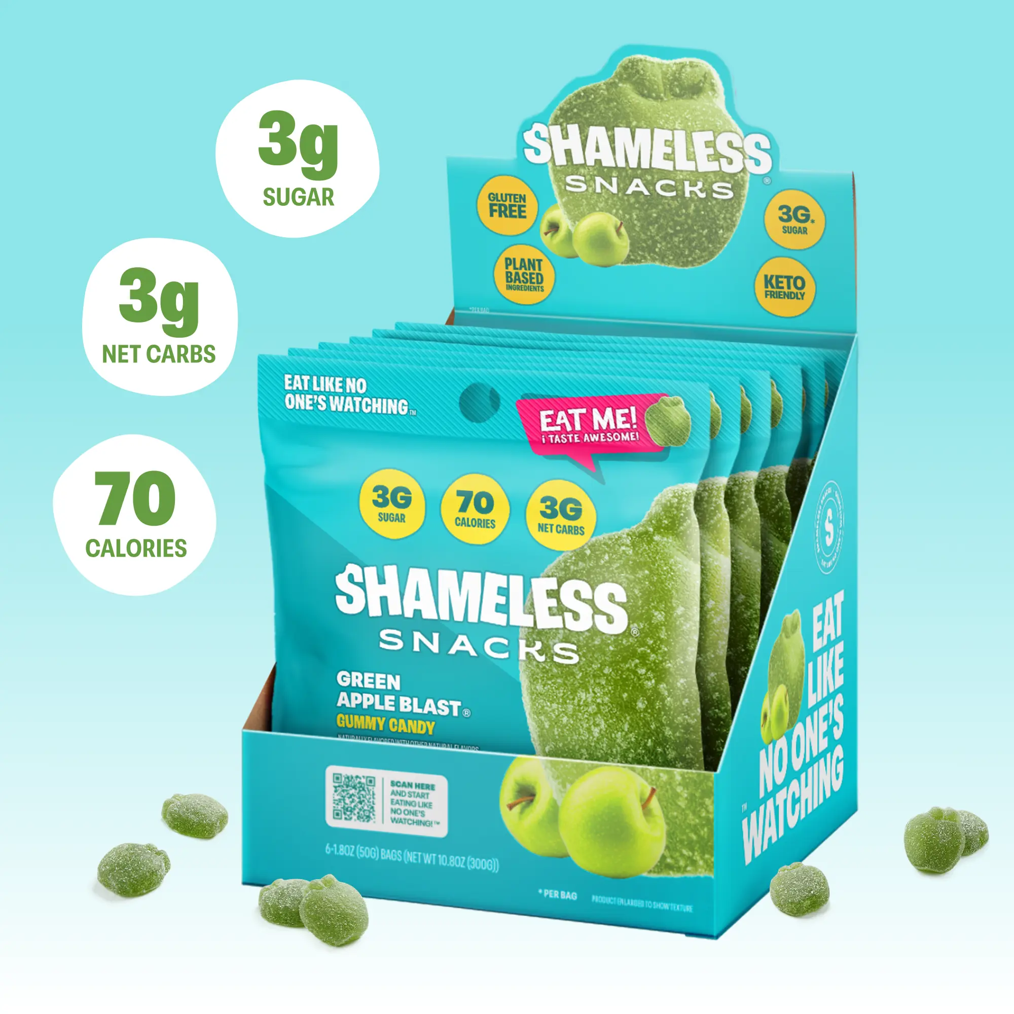 Shameless Snacks Green Apple Blast - Low Calorie Candy, Low Carb Keto Gummies (Gluten Free Snack) Dietary Fiber Fruit Flavored