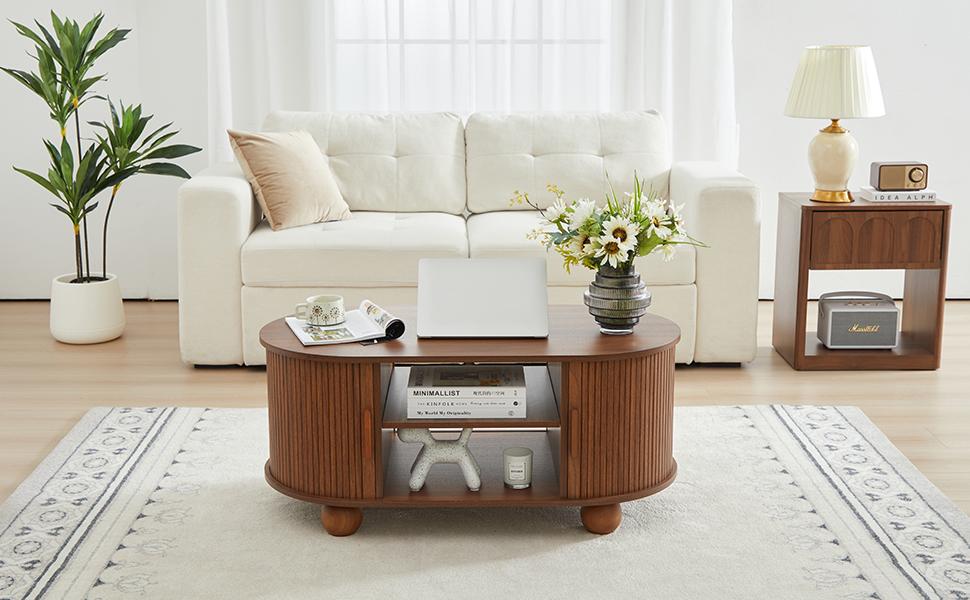 Giratree Oval Coffee Table, Mid-Century Modern Coffee Table with Storage & Sliding Doors, Fluted Coffee Table Center Table for Living Room, Dining Room, Apartment, Home Office Giratree Oval Coffee Table, Mid-Century Modern Coffee Table with Storage & Sliding Doors, Fluted Coffee Table Center Table for Living Room, Dining Room, Apartment, Home Office