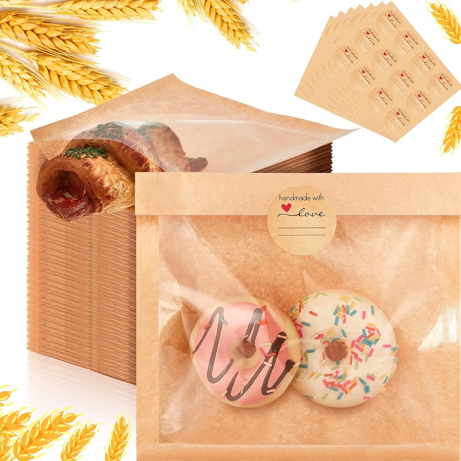 100PCS Cookie Packaging Bags with Seal,Bakery Pastry Bags with Window, Heat Sealable Grease Resistant Paper to Go Bake Sleeves for Gift Giving Donut Bread Sandwich