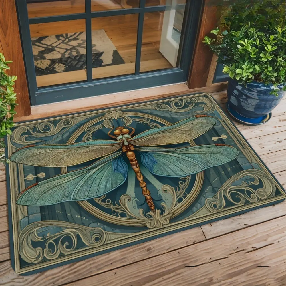 Dragonfly Design Distinctive Patterned Colorful Doormat - Polyester, Machine Washable, Vibrant Statement Art Large Square Doormat for Home Decor, Indoor Use, Distinctive Design Doormats, Large Square Doormats