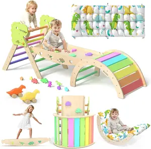 Pikler Triangle Set with Cushion 9 in 1 Climbing Toys for Toddlers 1-3 Indoor Baby Gym Toddler Montessori Toys Wooden Climbing with Maze, Shape Sorting, Dinosaur Car