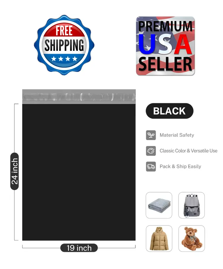 19x24 in Black Plastic Envelopes - Waterproof, Tear-Resistant Postal Mailing Bags, Self Sealing Shipping Supplies (50 Pack)