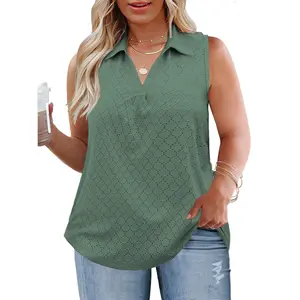 Womenswear Plus Size Tank Tops Summer Sleeveless Casual Shirts Lapel Breathable V Neck Tunics Eyelet Tees 2097,summervibes outdoorfun summerwins