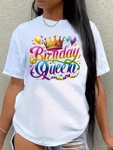 Women's Birthday Queen Graphic T-Shirt - Vibrant Crown & Balloon Design with Confetti Print, Casual Crew Neck Short Sleeve, Birthday Party Outfit for Summer Celebrations, Machine Washable Comfortable Birthday Shirt