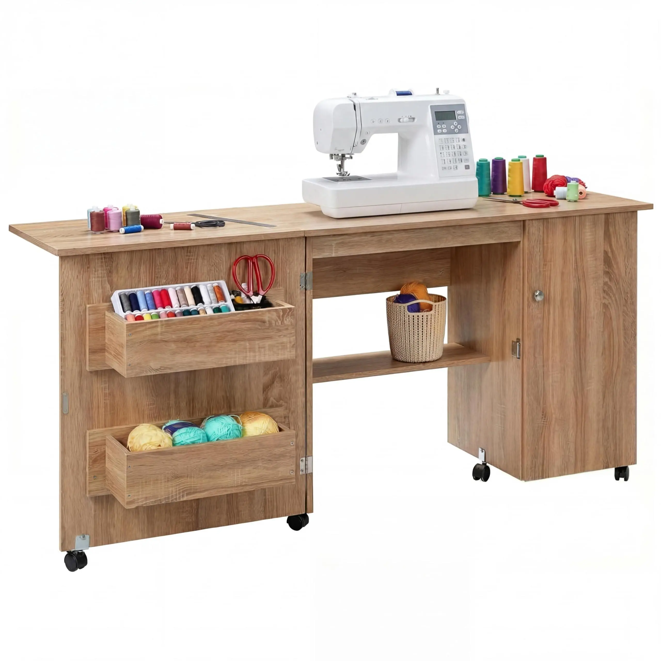 63" x 19" x 29.5" Folding Sewing Table with Storage, Large Sewing Machine Table with Shelves & Lockable Wheels, Multi-Functional Craft Desk Sewing Cabinet with Compact Design