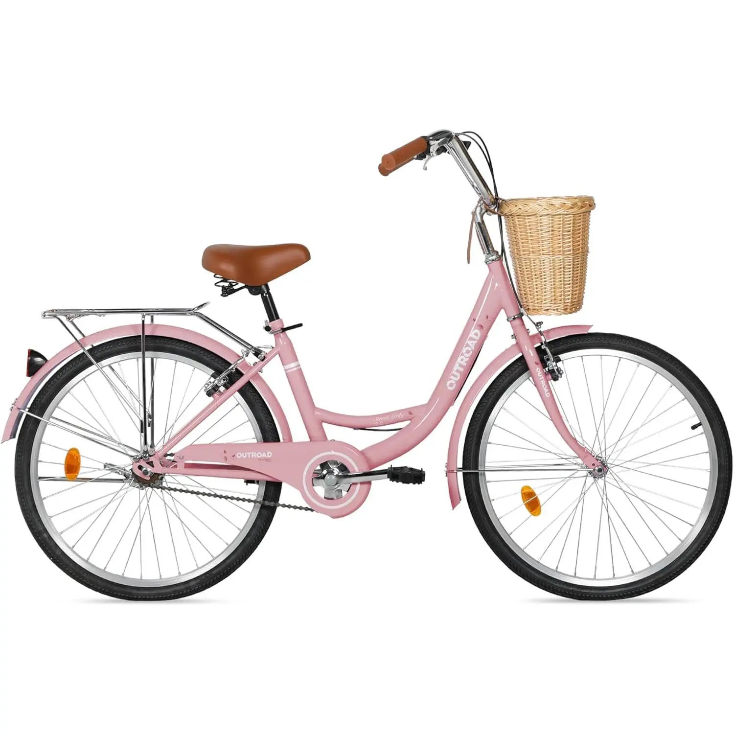 Max4out Adult Beach Cruiser Bike, 24/26-Inch Comfort Bicycle with Rattan Front Basket, Adjustable Seat, Dual V-Brakes, Bike Accessories & Bicycle Parts (Pink, White, Green, Purple, Black)