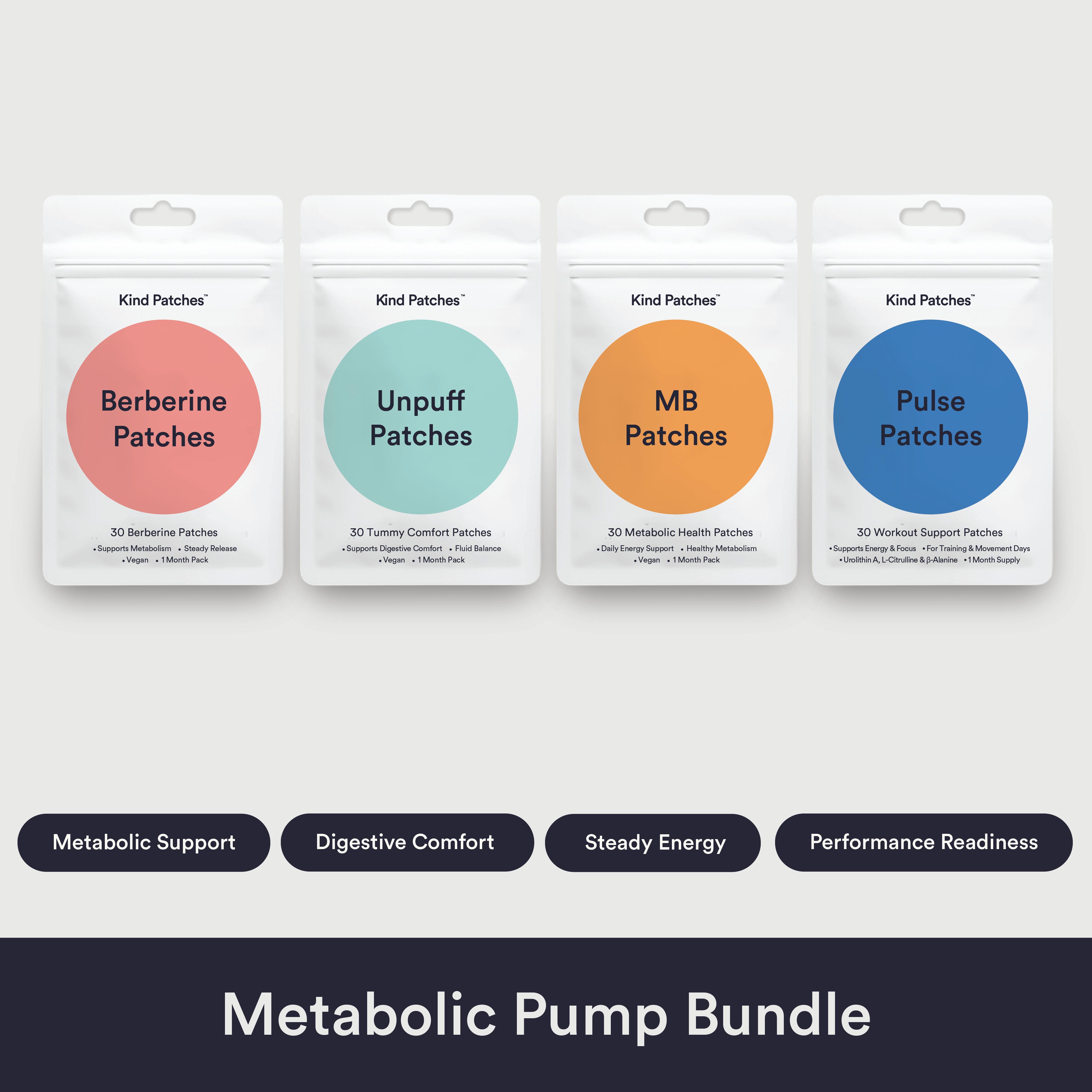 Kind Patches Metabolic Pump Bundle: Pulse Patches + MB Patches + Berberine Patches + Unpuff Patches, Workout Readiness & Daily Movement Support, Steady Release Formula, Metabolic Support, Clean Energy, Balanced Gut, Digestive Health, Natural Ingredients