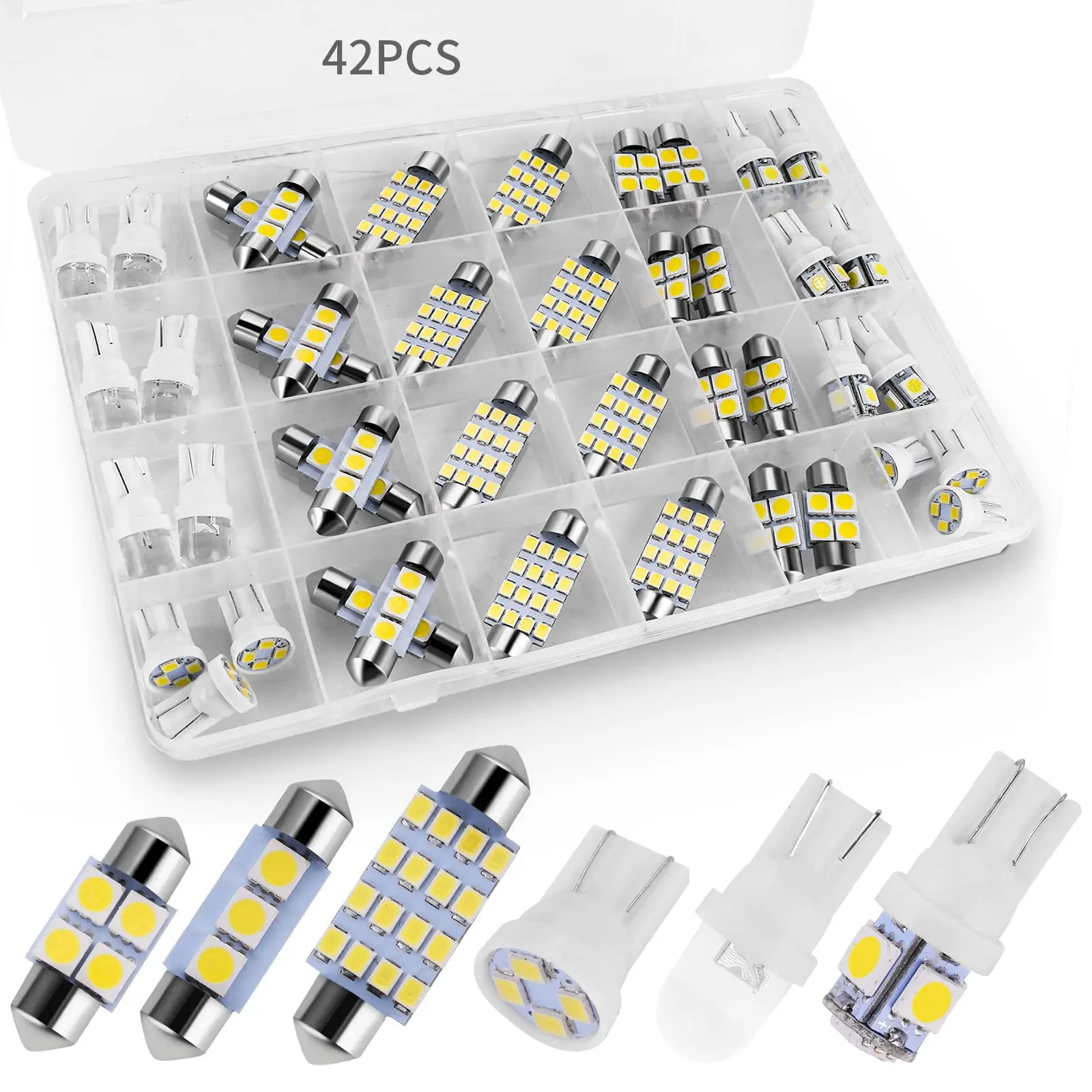 42-Piece Multi-Size LED Ambient Light Bulb Set for Cars, Plug-In High Lumen White Interior Car Lighting Bulbs - T10/DE3175, 194 LED, 31mm, 41mm for Trucks’ Dome, Map Lamps, Led Dashboard