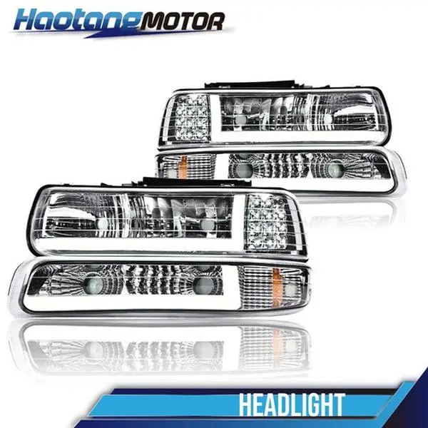 CROSSDESIGN Pair Amber LED DRL Full Headlight Set & Bumper Lamps - Aftermarket LED Headlights Lighting Assemblies & Components, Plug-N-Play, Easy Install for 1999-2002 Chevy Silverado, 2000-2006 Tahoe Exterior Upgrade, Show Use, Truck Accessory