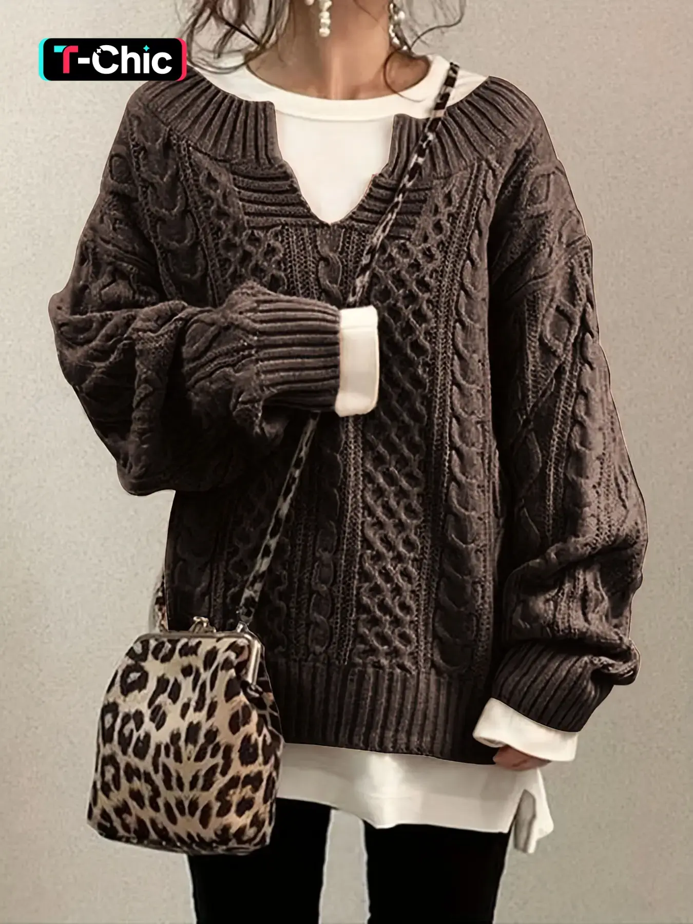 Women's Textured Drop Shoulder Notched Sweater Knitwear, Casual Long Sleeve Jumper for Fall & Winter, Women's Clothing for Daily Wear