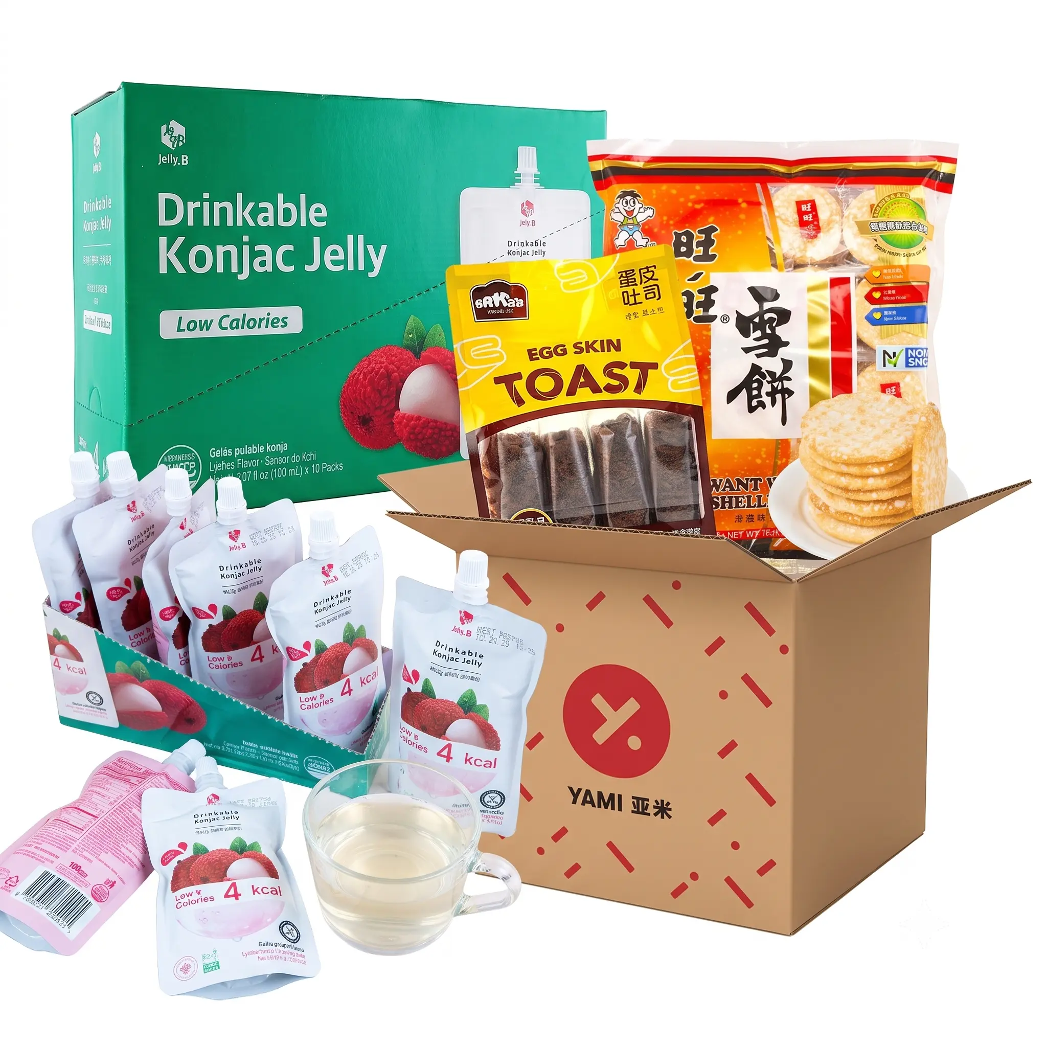Asian Snack Variety Box: JELLY.B Low Calorie Lychee Konjac Jelly (1.5L), Want Want Snow Crispy Rice Crackers (520g) & Baker Lee Chocolate Egg Skin Toast (360g) - 3-Pack Gourmet Snack Bundle