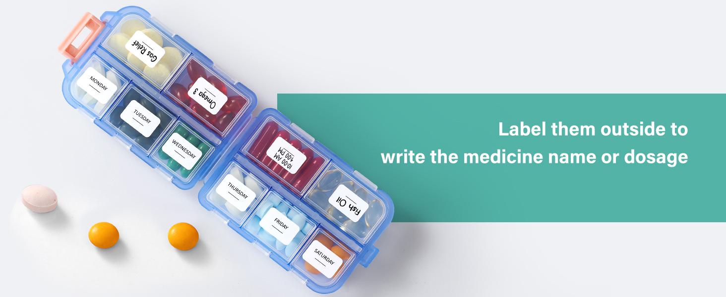 Travel Pill Organizer Box with 146 Labels, 10 Compartment Small Pill Case Medicine Kit, Portable Pocket Purse Pharmacy, Daily Weekly Vitamin Supplement Medication Holder