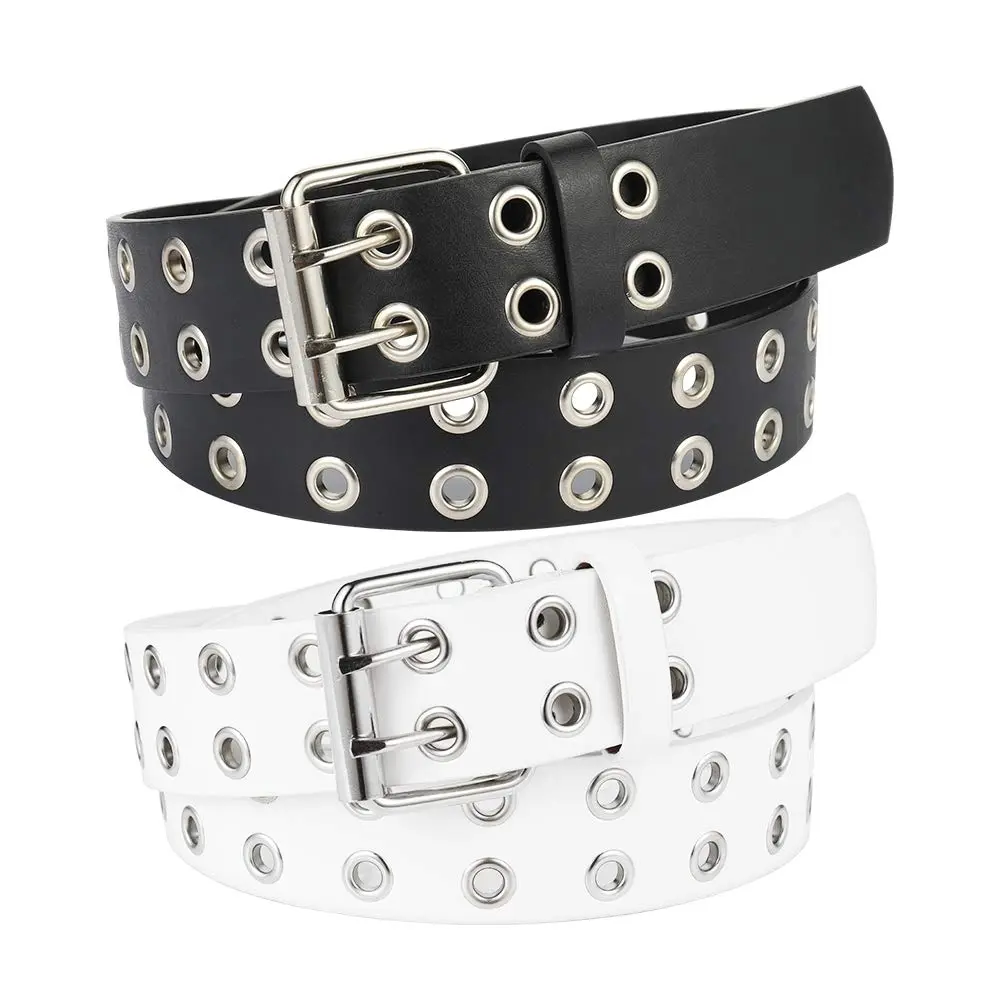 2 Pack Punk Belts for Women & Men, Double Grommet PU Leather Street Style Strap, Versatile 1.5" Trendy Accessory for Jeans & Pants, Versatile Fashion Belt, Pu Leather Belts