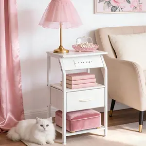 【Buy One Get Two】MUSEN Set of 2 Side Table with Charging Station, Bedside Nightstand with 3-Layer Storage Shelves, End Table for Living Room, Bedroom, Modern Table for Sofa and B